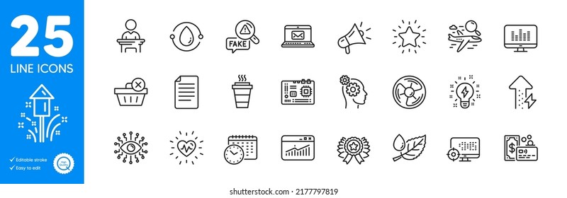 Outline icons set. Heartbeat, Rank star and Megaphone icons. Election candidate, Website statistics, Inspiration web elements. Card, Motherboard, File signs. Artificial intelligence. Vector