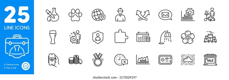 Outline icons set. Honor, Health app and Engineer icons. Seo graph, Calendar, Natural linen web elements. Time, Banking money, Market sale signs. Cloud system, Dog paw, Infographic graph. Vector