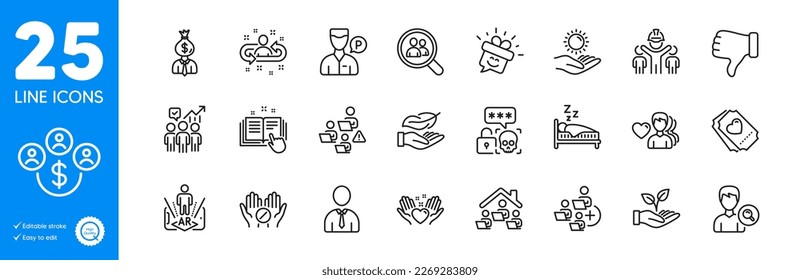 Outline icons set. Human, Helping hand and Engineering team icons. Lightweight, Teamwork, Search people web elements. Man love, Smile, Search employees signs. Dislike hand, Recruitment. Vector