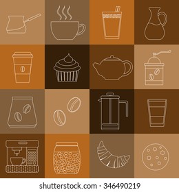 Outline icons set including coffee maker, cup, milk, cookie, croissant, grinder, beans, cupcake.