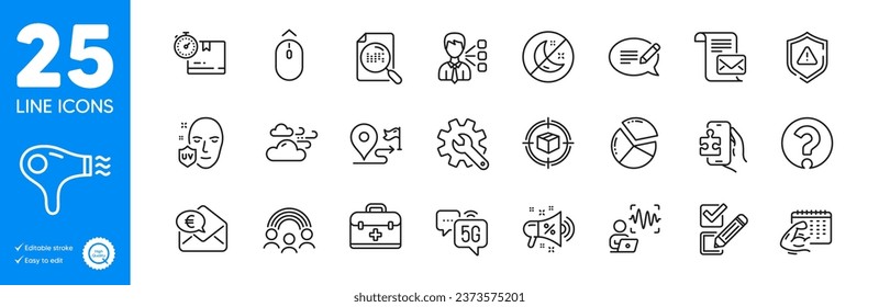 Outline icons set. Inclusion, Question mark and Windy weather icons. Voice wave, First aid, Customisation web elements. Search file, Swipe up, Hair dryer signs. Fitness calendar. Vector