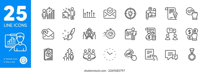 Outline icons set. Inclusion, Receive mail and Money currency icons. Time, Business statistics, Comment web elements. Map, Meeting, Timer signs. Document, Idea, Paint brush. Checkbox. Vector