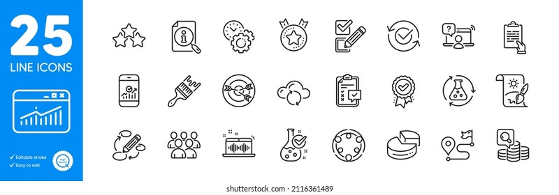 Conjunto de iconos de esquema. Inspeccionar, sincronizar en la nube y los iconos del Portapapeles. Experimento de química, inclusión, elementos web de gestión del tiempo. Lista de verificación, estadísticas de sitios web, Música haciendo carteles. Cepillo. Vector