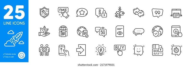 Outline icons set. Inspiration, Refresh and Quote bubble icons. Online voting, Smile, Login web elements. View document, Employees teamwork, Calendar signs. Block diagram. Vector