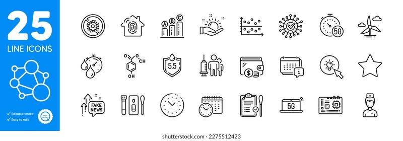 Outline icons set. Integrity, Dot plot and Stop coronavirus icons. Calendar time, Motherboard, Covid test web elements. Wallet, Doctor, Time management signs. Calendar, Fake news, Coronavirus. Vector