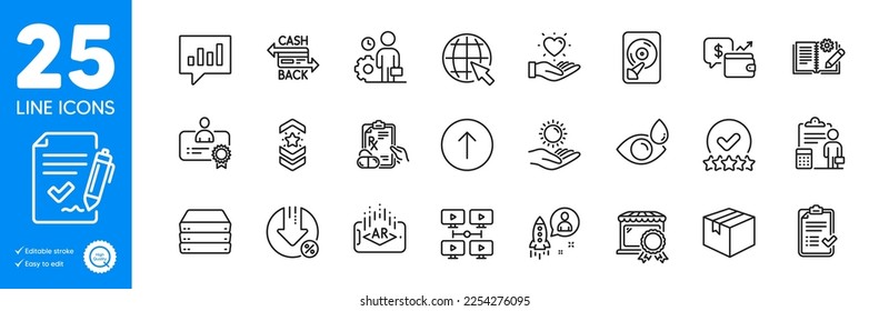 Outline icons set. Internet, Loan percent and Engineering documentation icons. Swipe up, Prescription drugs, Best market web elements. Employee, Certificate, Approved checklist signs. Vector