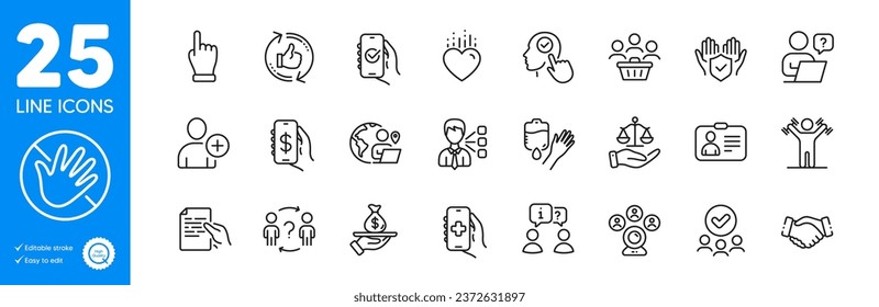 Outline icons set. Interview, Hold document and Buyers icons. Select user, Id card, Blood web elements. Approved group, Money app, Video conference signs. Dumbbells workout. Vector