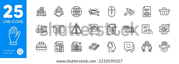 Outline icons\
set. Keywords, Smile face and Swipe up icons. Online survey,\
Financial documents, Warning web elements. Video content, Legal\
documents, Cogwheel signs. Deal.\
Vector