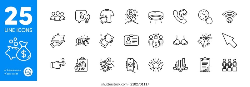 Outline icons set. Loan, Buying process and Group icons. Star, Bitcoin project, Dirty t-shirt web elements. Approved app, Payment method, Fingerprint signs. Share call, 5g wifi, Bra. Vector