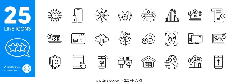 Outline icons set. Lock, Computer cables and Computer icons. Cloud download, Question mark, Currency rate web elements. Refresh bitcoin, Browser window, Safe time signs. Outline lock icon. Vector