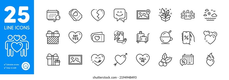 Outline icons set. Love tickets, Surprise package and Heart flame icons. Surprise, Photo, Say yes web elements. Love, Luggage trolley, Broken heart signs. Discounts calendar, Creativity. Vector