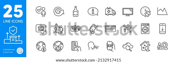Outline icons set. Mail app, Cloud computing and
Breathing exercise icons. Dryer machine, Video conference,
Verification person web elements. Whiskey bottle, Fireworks rocket,
Monitor signs. Vector