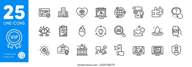 Outline icons set. Market sale, Financial app and Report icons. Security agency, Leadership, Innovation web elements. Coffee shop, Data analysis, Photo thumbnail signs. Romantic gift. Vector