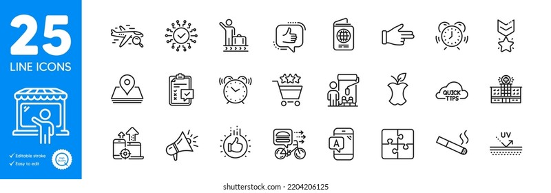 Outline icons set. Market seller, Quick tips and Uv protection icons. Winner medal, Checklist, Search flight web elements. Time management, Smoking, Like signs. Like hand, Ab testing. Vector