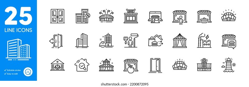 Outline icons set. Marketplace, Construction building and Inspect icons. Open door, Skyscraper buildings, Court building web elements. Online market, Arena stadium, Shop signs. Vector