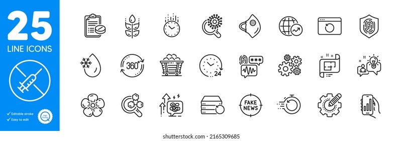 Outline icons set. Medical mask, Coronavirus research and Time icons. Settings gear, Coal trolley, Fast recovery web elements. Chemistry lab, Recovery internet, Medical prescription signs. Vector