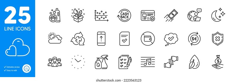 Outline icons set. Moon, Survey checklist and Dot plot icons. Favorite, Checked file, Musical note web elements. Money currency, Recycle, Wallet signs. Income money, Cleaning liquids. Vector