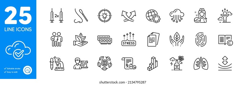 Outline icons set. Nasal test, Intersection arrows and Resilience icons. Ram, Globe, Organic product web elements. Stress grows, Cloud computing, Cloud storage signs. Fair trade. Vector