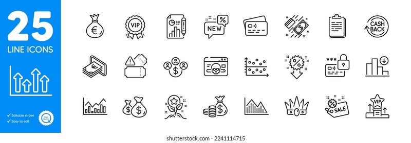 Outline icons set. New, Coins bag and Dot plot icons. Cashback, Loyalty points, Clipboard web elements. Upper arrows, Payment, Infochart signs. Discount, Decreasing graph, Cash. Tickets. Vector