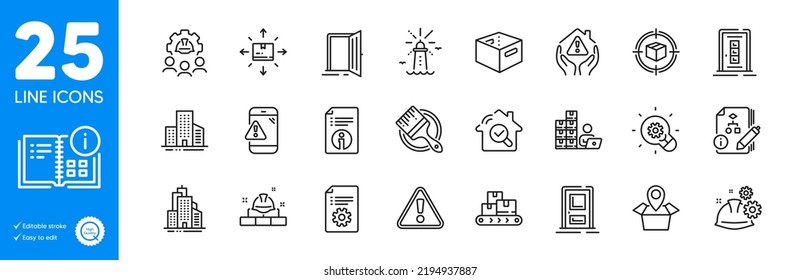 Konzentrierte Symbole Symbole für Office-Box, Eingang und Gebäude. Warnmeldung, Leuchtturm, Webelemente prüfen Technische Dokumentation, Inventar, Warnzeichen. Großhandelswaren. Vektorgrafik