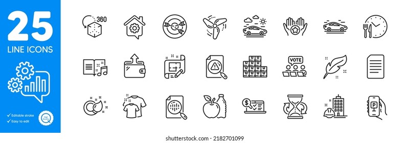 Outline Icons Set. Online Accounting, Online Voting And Wind Energy Icons. Apple, Car, Paint Brush Web Elements. Cogwheel, Search Document, Wholesale Inventory Signs. Work Home. Vector