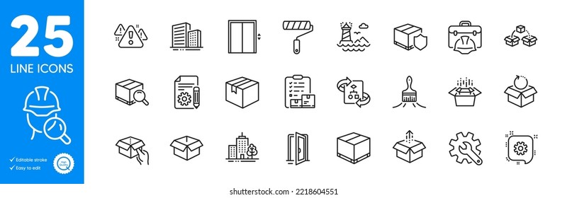 Outline icons set. Open door, Brush and Lighthouse icons. Construction toolbox, Skyscraper buildings, Opened box web elements. Parcel shipping, Packing boxes, Parcel signs. Hold box. Vector