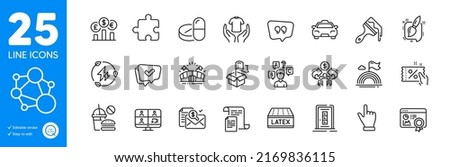 Outline icons set. Painting brush, Accounting report and Puzzle icons. Click hand, Lgbt, Documents web elements. Sharing economy, Currency rate, Approved signs. Door, Hold t-shirt. Vector