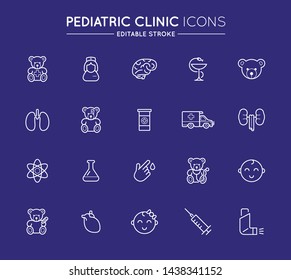 Outline Icons Set. Pediatric Hospital Clinic And Medical Care. Editable Stroke. Vector.