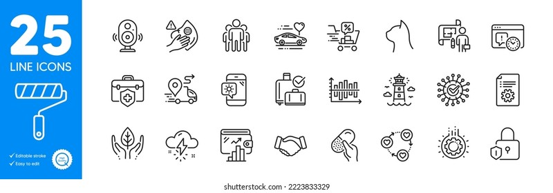 Outline icons set. Pets care, Weather phone and Gear icons. Honeymoon travel, Lighthouse, Delivery web elements. Dirty mask, Plan, Wallet signs. Capsule pill, Discounts cart, Fair trade. Vector