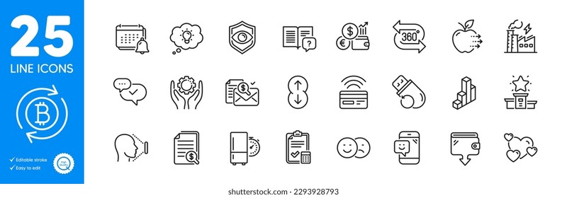 Outline icons set. Refresh bitcoin, Scroll down and Smile icons. Instruction manual, Electricity factory, 3d chart web elements. Food delivery, Financial documents, Energy signs. Vector