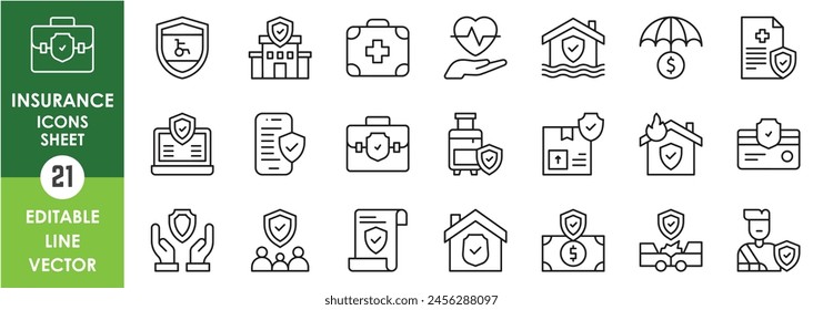 Outline icons set related to insurance. Vector, simple thin line icons collection. 