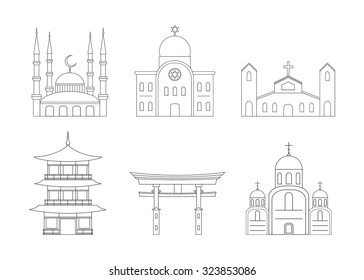 Outline Icons Set of Religion Buildings. Template for cover, schools, posters or your art works.