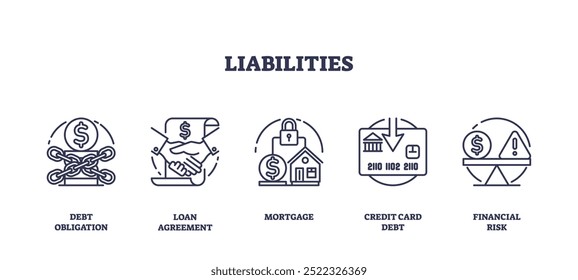 Outline icons set representing debt obligation, loan agreement, mortgage, credit card debt, and financial risk, preferably at the end of the sentence.