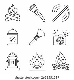 Outline icons set representing safety equipment and tools in black and white