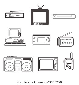 Outline icons set of retro electronics ,TV,Boom-box,radio,computer, video recorder,gramophone