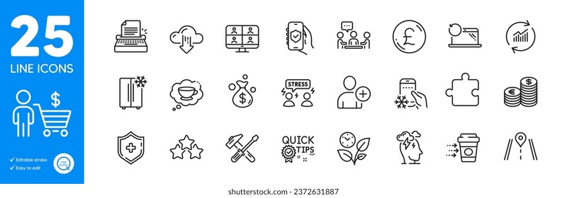 Outline icons set. Road, Security app and Medical shield icons. Hammer tool, Refrigerator app, Puzzle web elements. Quick tips, Update data, Leaves signs. Buyer, Coffee delivery. Vector