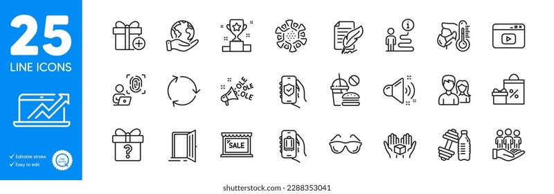 Outline icons set. Sales diagram, Open door and Recycling icons. Secret gift, Shopping, Hold box web elements. Computer fingerprint, Coronavirus, Eyeglasses signs. Winner cup. Vector