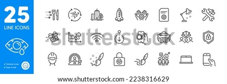 Outline icons set. Scroll down, File settings and Employee hand icons. Foreman, Present delivery, Brush web elements. Covid app, Lgbt, Rocket signs. Repair, Seo analysis, Password encryption. Vector