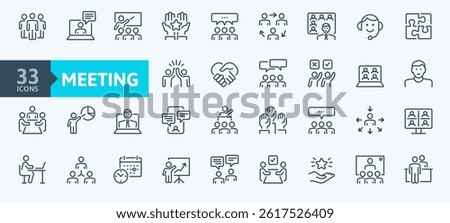 Outline icons set - seminars, lectures, presentations, webinar and online business meeting. Thin line icon collection.