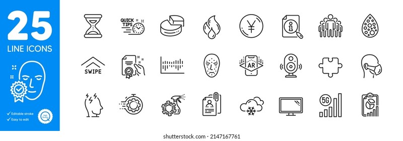 Outline Icons Set. Seo Timer, Medical Mask And Speaker Icons. Snow Weather, Certificate, 5g Wifi Web Elements. Face Biometrics, Interview Documents, Swipe Up Signs. Augmented Reality. Vector