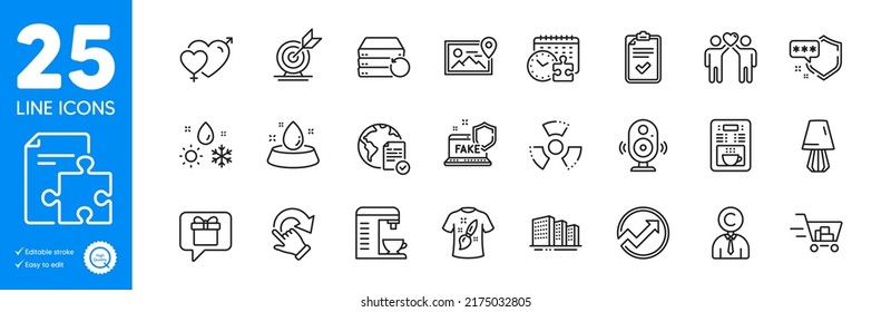 Outline icons set. Shopping cart, Weather and Table lamp icons. Checklist, Chemical hazard, Shield web elements. T-shirt design, Coffee maker, Copyrighter signs. Strategy, Online voting. Vector