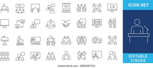 Outline icons set showcasing presentations and corporate training sessions. Features video conferences and group discussions. Symbols for educational workshops and lecture hall events.