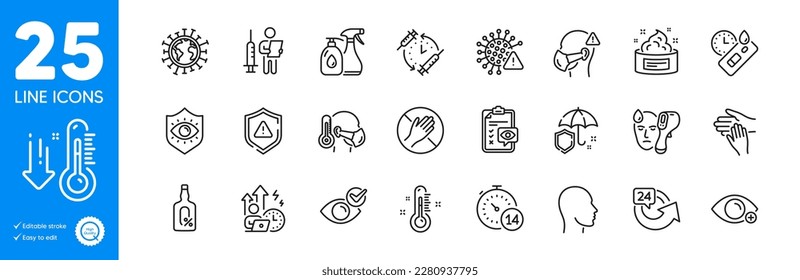 Outline icons set. Skin cream, Dont touch and Cleaning liquids icons. Coronavirus, Thermometer, Covid virus web elements. Alcohol free, Covid test, Medical mask signs. Eye protection. Vector