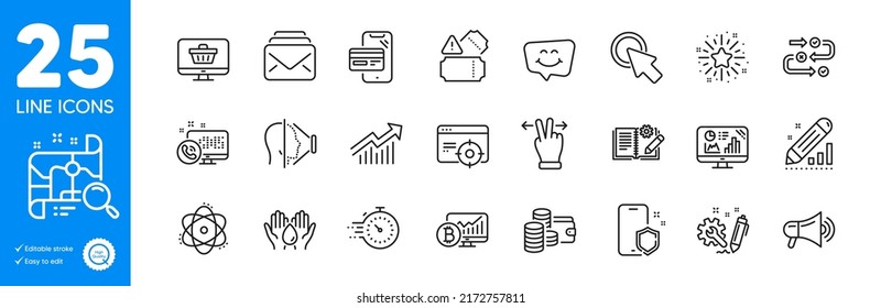 Conjunto de iconos de esquema. Conversación de sonrisas, iconos de estadísticas de ingeniería y edición. Mapa de búsqueda, Orientación de sesión, Elementos web de curva de demanda. Megáfono, documentación de ingeniería, carteles de Timer. Correo. Vector