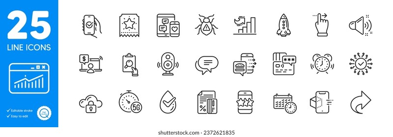 Outline icons set. Speaker, Share and Security network icons. Rocket, Food order, Star web elements. Text message, Time management, Dermatologically tested signs. Augmented reality. Vector