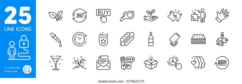 Conjunto de iconos de esquema. Concepto de inicio, Iconos de la estrella de la mano y la lealtad. Rotación completa, comisión de reembolso, elementos web de prueba de Ab. Candado, Mano, Signos de estrategia. Diagrama de bloques, Mattress. Vector
