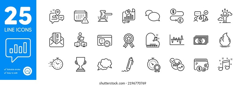 Outline icons set. Stock analysis, Award cup and Payment icons. Messenger, Report document, Money transfer web elements. Chat message, Winner ribbon, Lawyer signs. Difficult stress. Vector