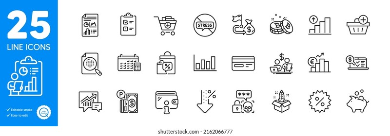 Outline Icons Set. Stop Stress, Sale Bags And Analytics Chart Icons. Cyber Attack, Accounting, Report Document Web Elements. Parking Payment, Euro Rate, Graph Chart Signs. Wallet. Vector