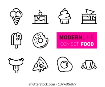 Outline icons set of street food. Vector collection, modern stroke pictogram of street fastfood - pizza, ice cream, cakes and other junk food. Concept bold outline symbols.