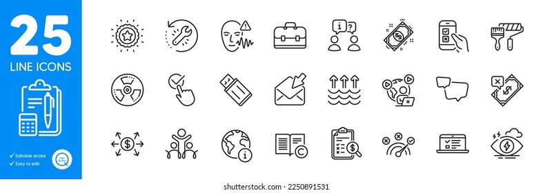 Outline icons set. Stress, Accounting report and Correct answer icons. Chemical hazard, Open mail, Speech bubble web elements. Copyright, Rejected payment, Checkbox signs. Winner star. Vector